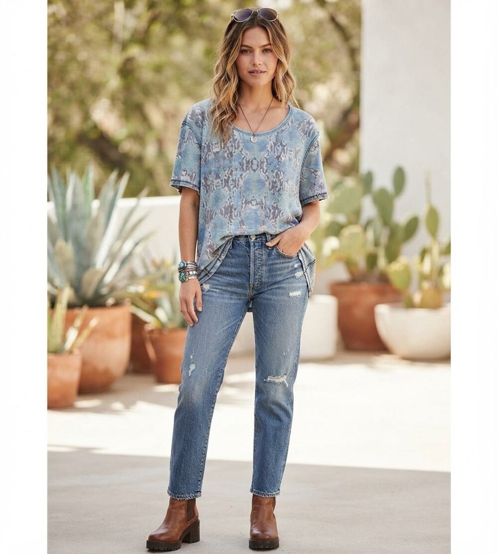 Free People We The Free Blue Snakeskin Short Sleeve Tee Top Slouchy Boho Large